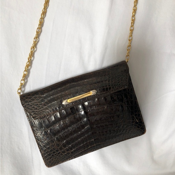 1960's dark brown alligator skin leather Clutch Mini gold color chain strap